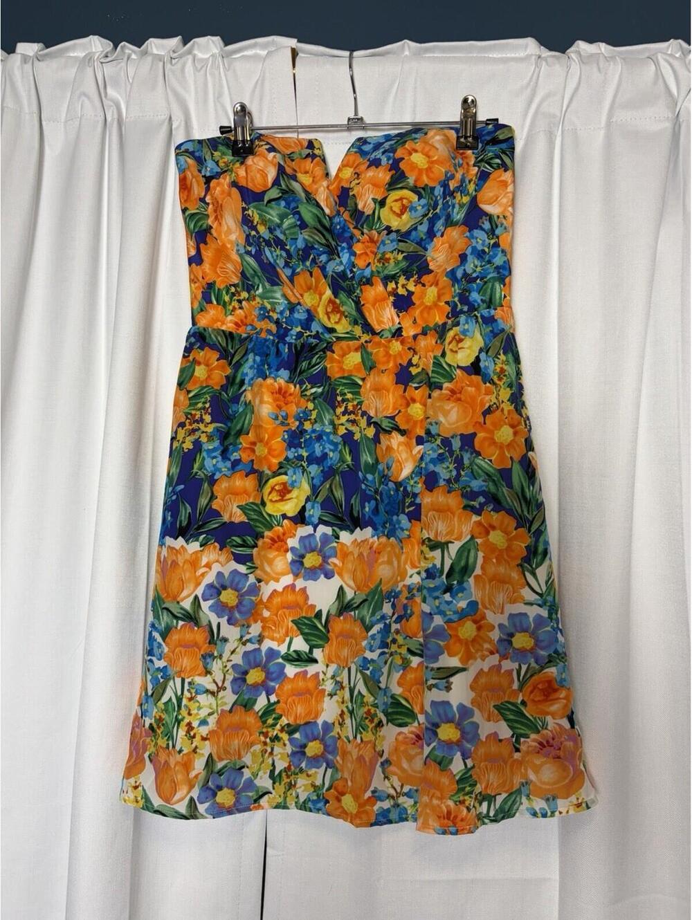 Yumi Kim Orange & Blue Floral Strapless 100% Silk Mini Dress Medium $248 - Picture 2 of 7